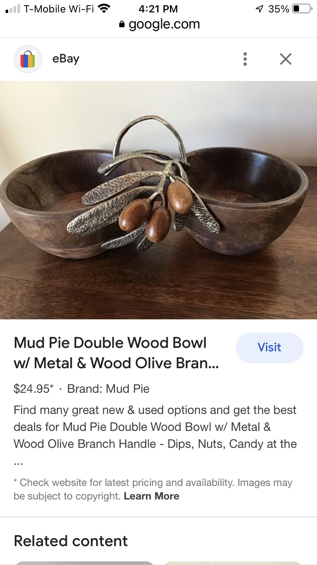 Mud Pie Double Wood Bowl w/ Metal & Wood Olive Branch Handle - Dips, Nuts, Candy