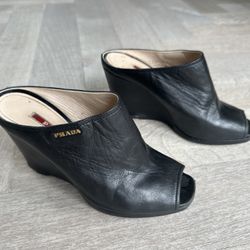 Prada 37.5 Womens Black Wedge Heel Open Toe Mules
