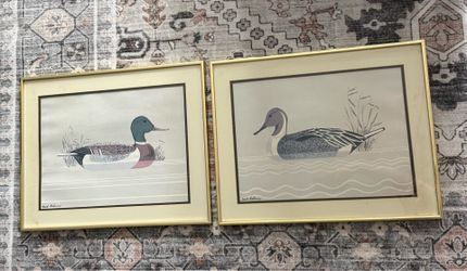 Vintage Farmhouse/Cottagecore Duck Decoy Serigraph Framed Prints Set of 2
