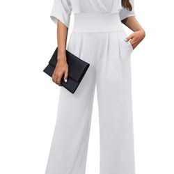 THANTH V Neck Jumpsuits for Women Dressy Casual Wide Leg Pants Jumpsuit Bell Sleeve One Piece Romper with Pockets
