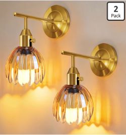 Vintage Gold Wall Sconces Set of 2 with Cute Amber Tulip Glass Lampshade, Hardwired and Wireless Wall Mounted Light Fixtures (2 Usage Methods) with Sw