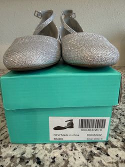 Silver Glitter Ankle Strap Flats Size 8