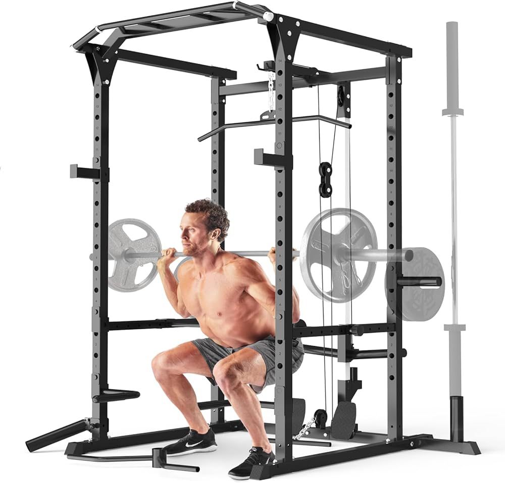 Power Cage, Power Rack with LAT Pulldown, Multi-Functional Squat Rack, 1500 Lbs Capacity Squat Cage