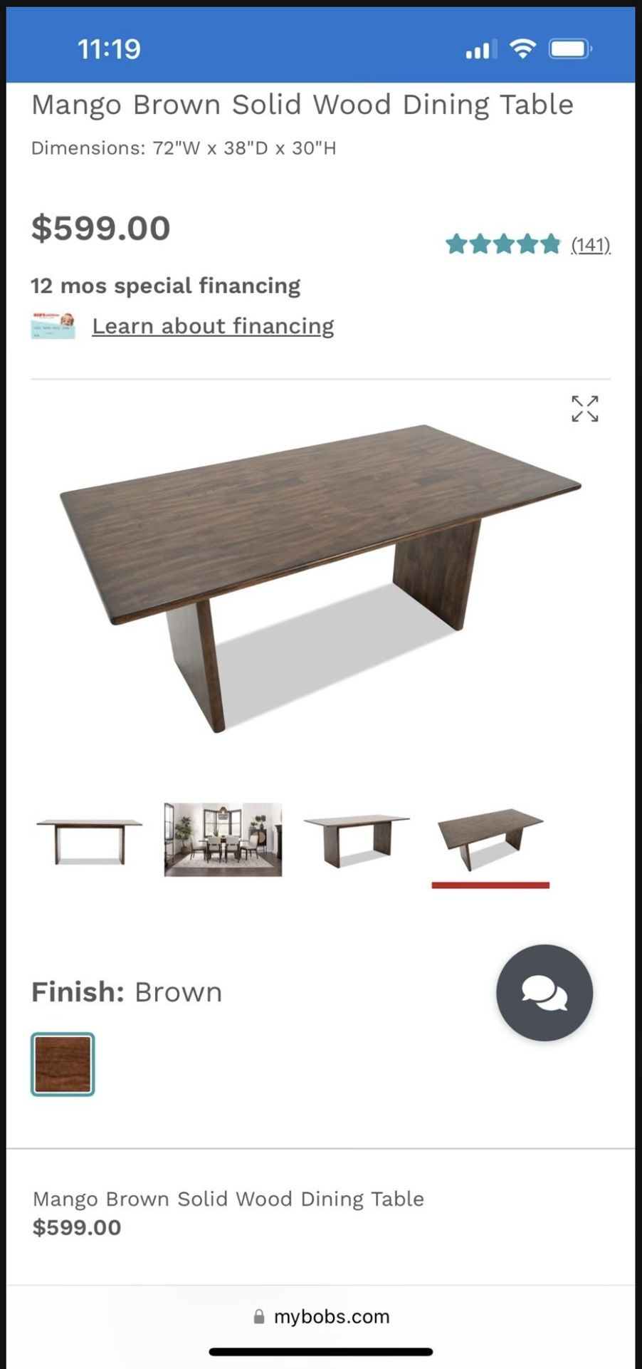 Mango Brown Solid Wood Dining Table