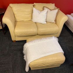 Cream Leather Loveseat and Ottoman