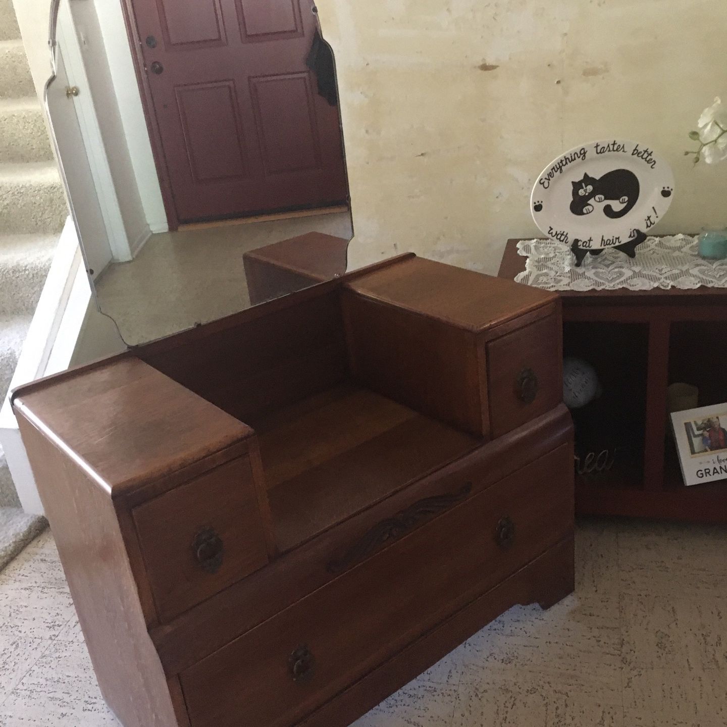Antique Dark Wood Vanity With Beveled Mirror