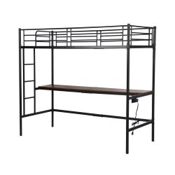 NALIYA Twin Metal Loft Bed Workstation with Long Desk and Charging Station in Black