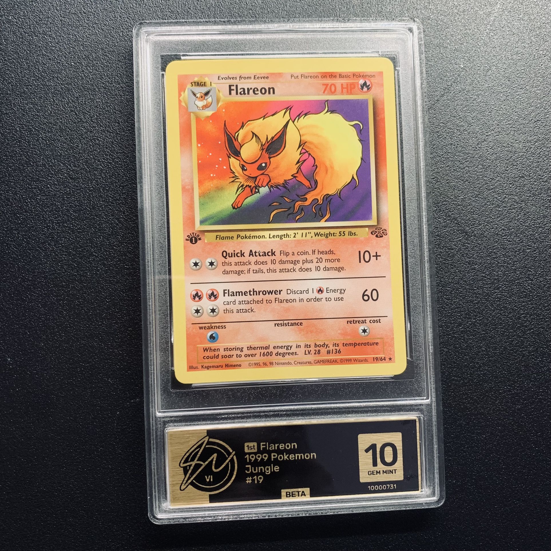 Grade 10 Gem Mint 1st Edition Flareon 19/64 Jungle Set Rare Vintage