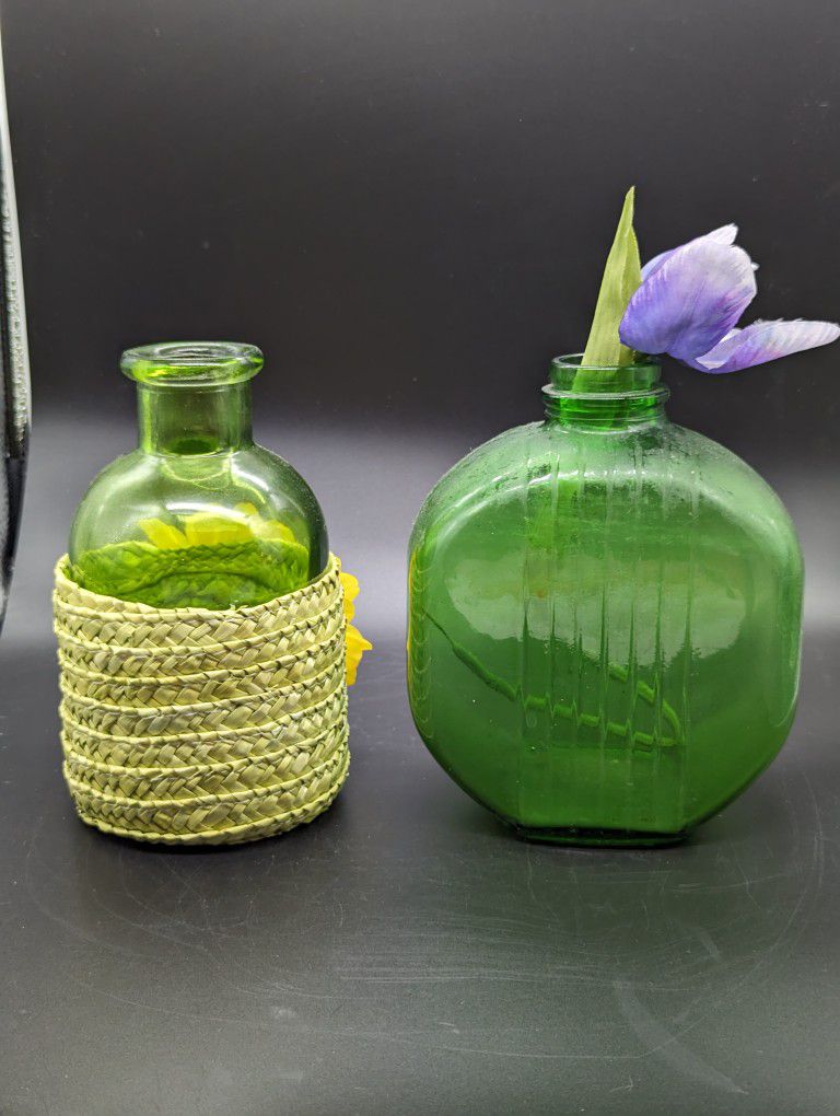 Mid Century  Forest Green Vintage Duraglas Ribbed Bottle With Bonus Green Bottle