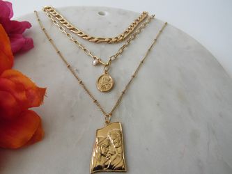 18K Gold Plated Pendant Sweater Necklace Triple Layer