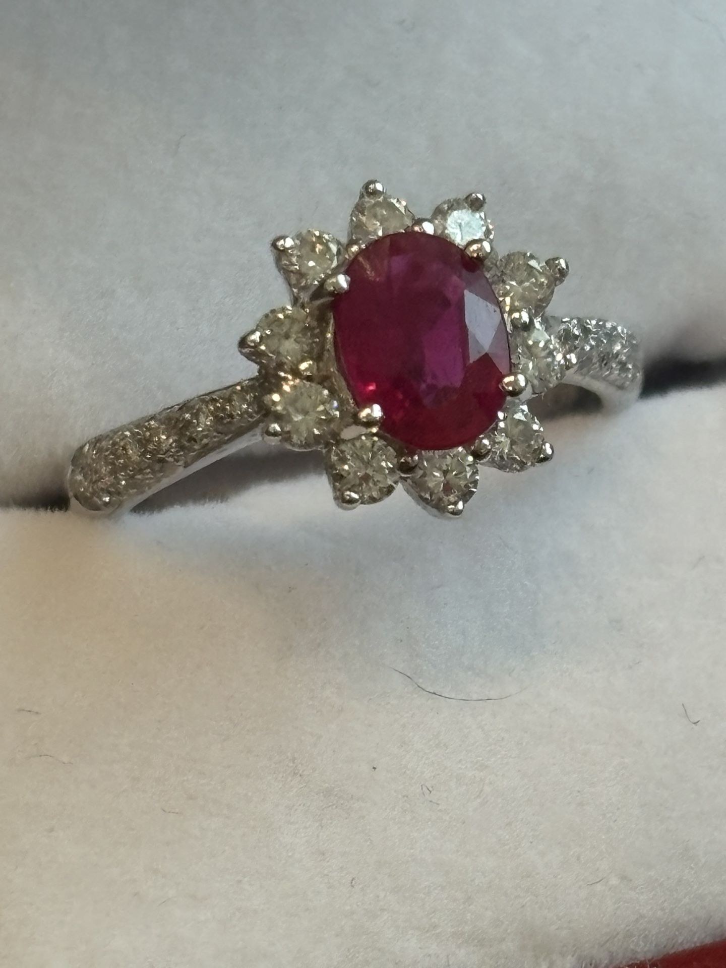 Pretty 18kt White Gold 1.25 Carat Ruby And Multi Diamond Ring