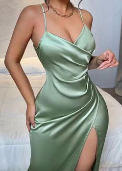 Belle Tie Back Ruched Side Wrap Hem Satin Cami Dress,Sage Green Dress (size large) L