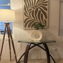 Glass Top Table With Curved Wooden Legs 