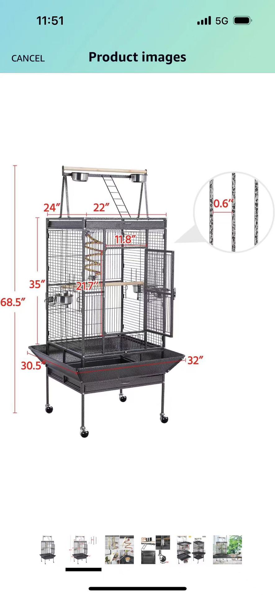  69-inch Wrought Iron Rolling Large Parrot Bird Cage for African Grey Small Quaker Amazon Parrot Cockatiel Sun Parakeet Green Cheek Conure Dove Lovebi