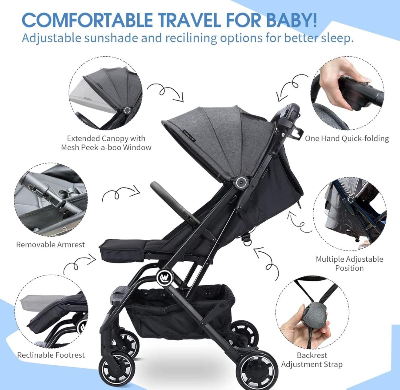 Lightweight Baby Stroller, Compact Travel Stroller with Cup Holder & Sleep Shade, Oversize Basket, One Hand Easy Foldable Stroller for Airplane Travel