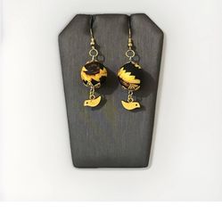 Sunflower Bead Dangle Earrings Gold Bird Charm Black Yellow Floral Boho