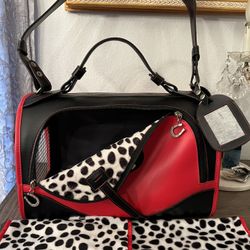 Pet Flys Pleather Dog Cat Puppy Carrier Happy Skull Design Red/Black Airline Approved EUC