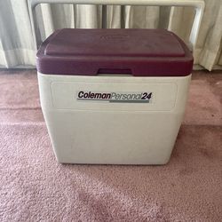 COLEMAN PERSONAL 24 COOLER 5276 BEIGE W/MAROON CUPHOLDER LID DATE 11/86 RARE
