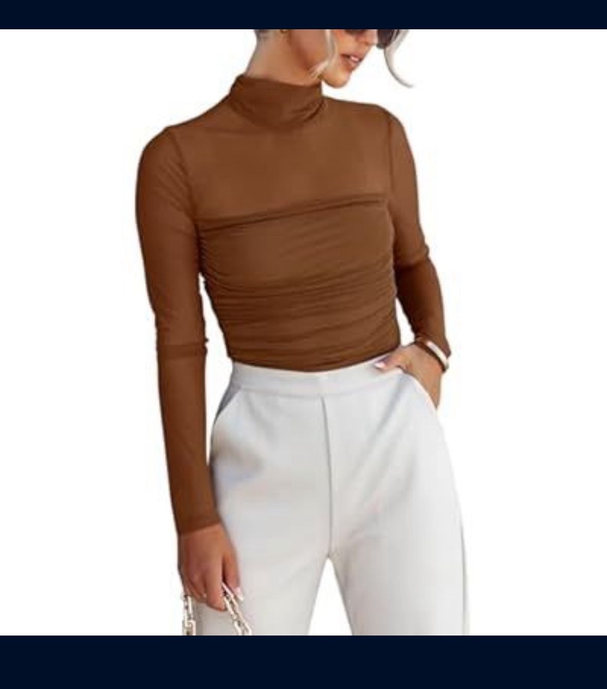 REORIA Women's Trendy Sexy Mock Turtle Neck Long Sleeve Sheer Mesh Ruched Going Out Bodysuits Tops