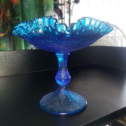 Fenton Vintage Art Glass Blue Stemmed Compote Ruffled Crimped Candy Dish

