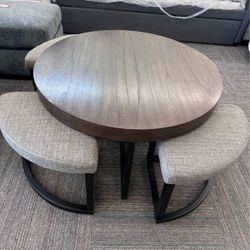 Round Wood and Metal Coffee Table 5 Piece Set with Stools Underneath, Black, New