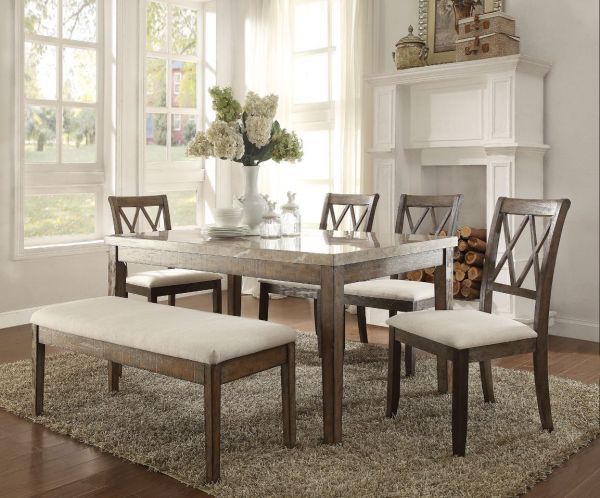 Brand New Rustic Wood And Marble Dining Set With Bench