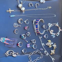 Big Lot Of Sterling Silver Coral Lapis Torquise 