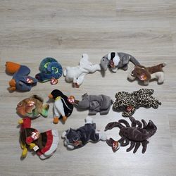 12 TY Beanie Babies Retired Pelican Snake Fish Dog Scorpion Turkey Beanie Baby