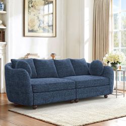 90” Blue Chenille Sofa – Modern Couch with Throw Pillows