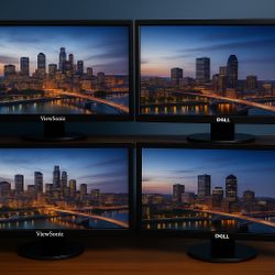 4 Computer Monitors – 24” Full HD – Dell & ViewSonic – All Cords + Stands Included