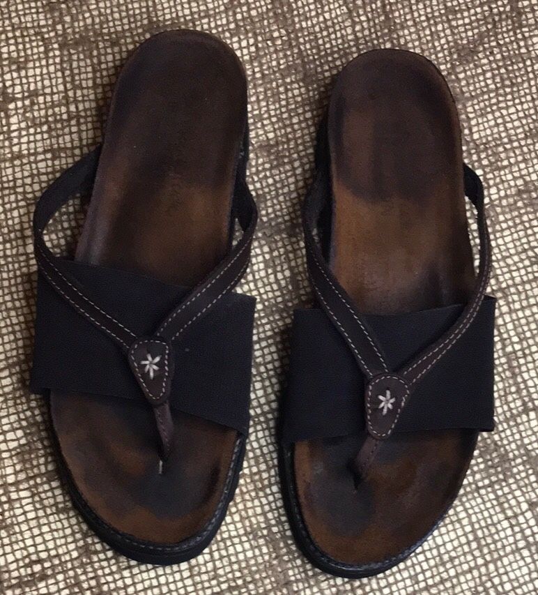 Naot: Brown Leather Thong & Fabric Band Sandals, Size: 38, Made in Israel