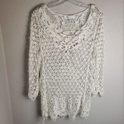 Fever White Lacey Long Crocheted Top 3/4 Sleeves Women's  Size XL
