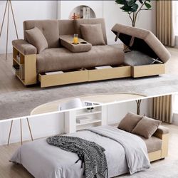 Taupe Convertible Futon Sofa Bed With Storage Ottoman 