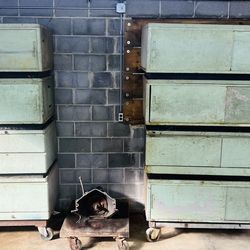 A Pair Of Vintage Custom Metal Storage Organizers On Steel Rolling Cart