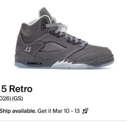 Wolf Grey Jordan 5 Size 6Y Kids GS