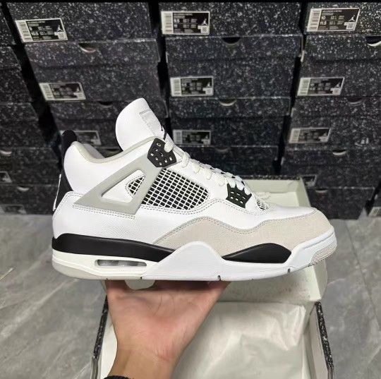Jordan Air Jordan 4 Retro “Military Black” Leather White Cement Athletic Wearable Mid Top Basketball Shoes Unisex Gray White Black