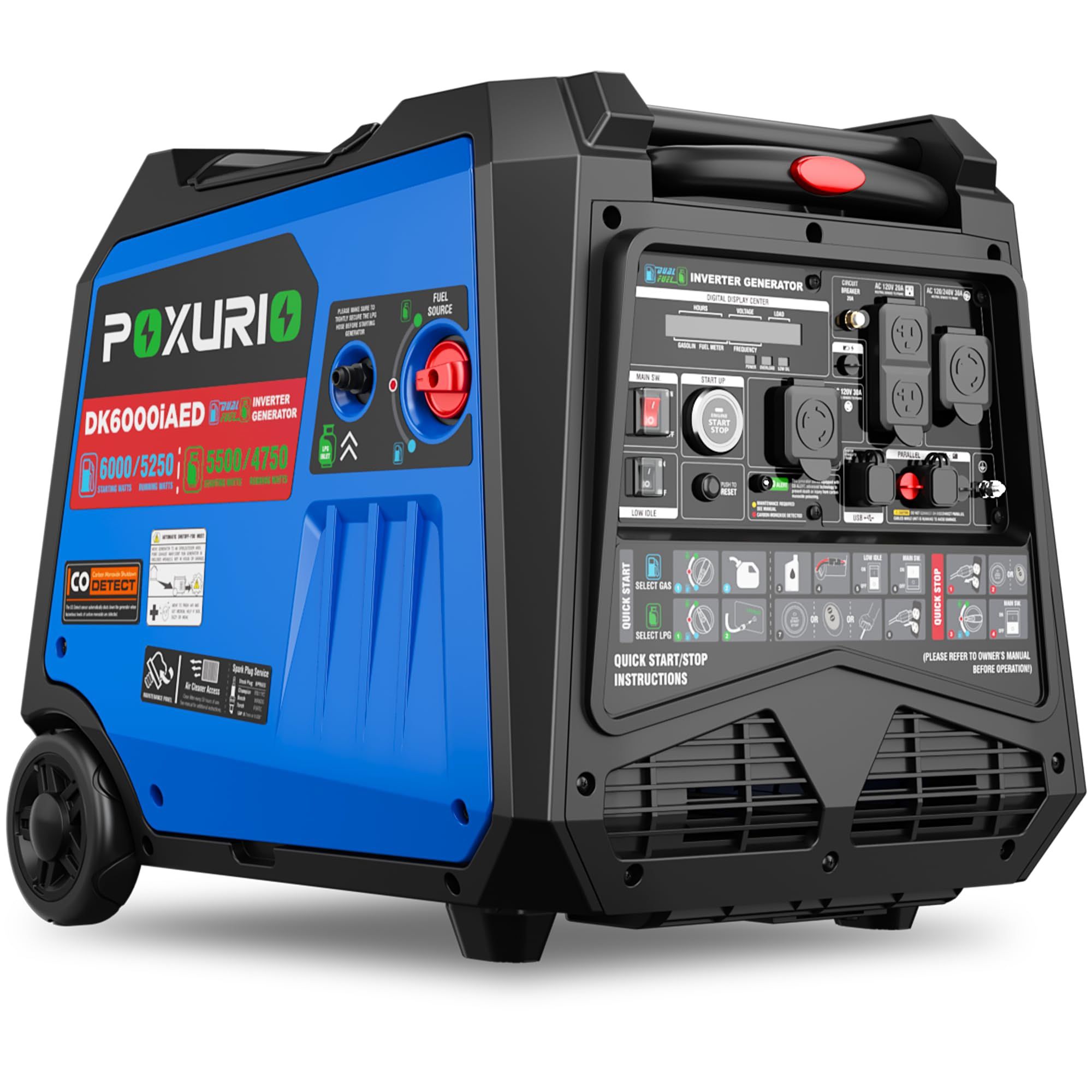 6000 Watt Dual Fuel Inverter Generator, 120V/240V Gas Propane Powered Generator Super Quiet, Remote Start/CO Sensor/RV Ready/EPA/Carb for RV, Camping 