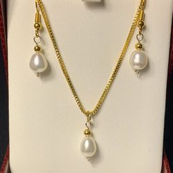 *New* 14k Gold Plated 2mm Box Chain, 18” Necklace And 14k Gold Plated Earrings With Water Drop AAA High Quality Natural Pearls
