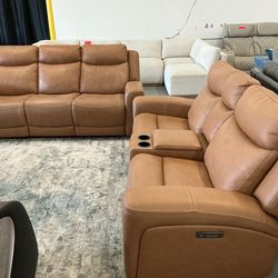 Brown Leather Recliner Sofa and Loveseat