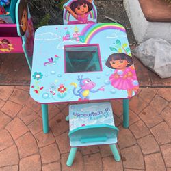 Dora Kids Table And Chair Set And Storage Rack And Bins.