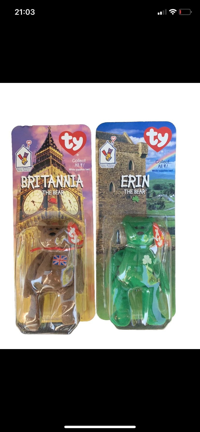 Ty Beanie Babies Britannia And Erin The Bear McDonalds Set of 2 1999 - Tag Date