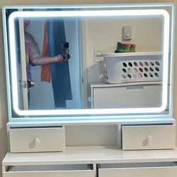 White Vanity with LED Mirror + Storage Bench