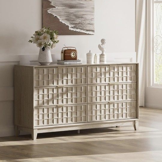Fluted Storage Cabinet with 6 Drawers, Buffet Sideboard Cabinet, Modern Wood Side Board, Living Room Cabinet with Metal Handles for Dining Room, Bedro