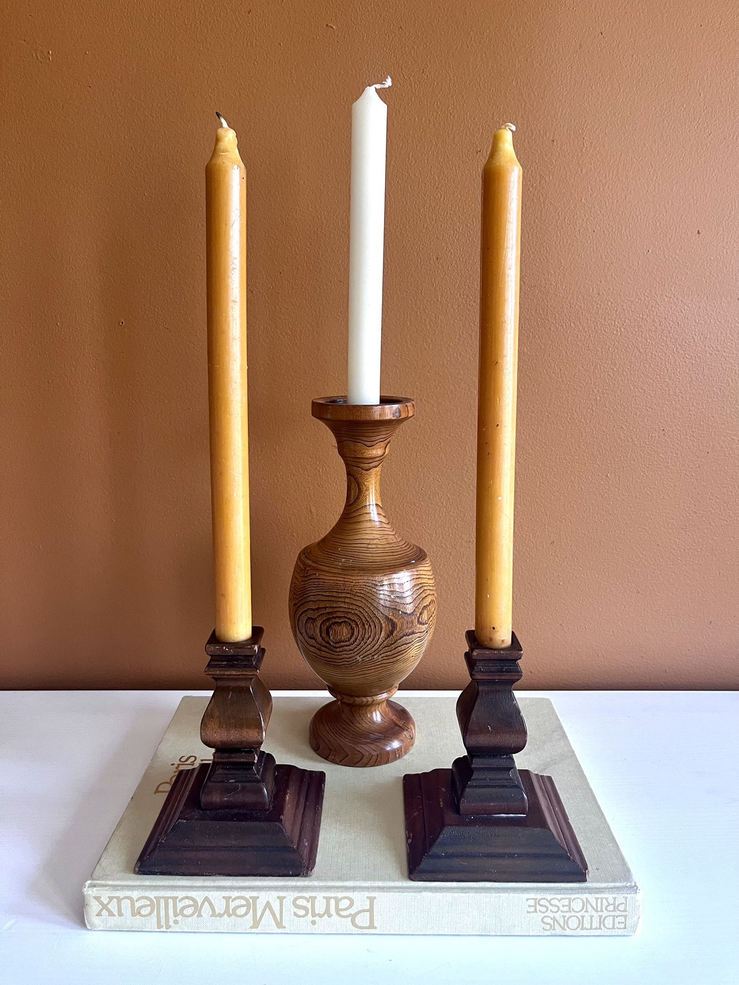 Vintage Wooden Candlestick Holders Set of Three Carved Candle Holders