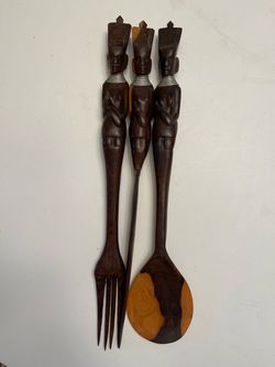 Vintage Hand Carved Tribal Utensil Set, Fork, Spoon and Knife