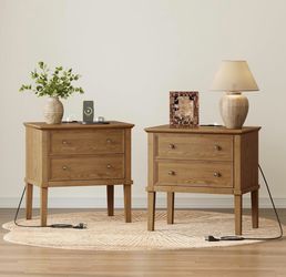 Solid Wood Nightstands Set of 2, Farmhouse Style End Table with 2 Large Drawers, Wood Side Table with Charging Station for Bedroom，Teak