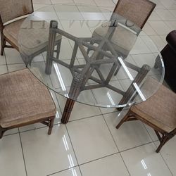 Mcguire Style Bamboo Round Glass Dining  Table 4 Chairs