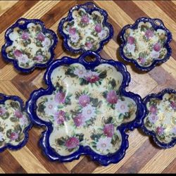 Antique Nippon/Japan Bowl Set of 6 with Cobalt Blue, Metallic Gold, and Pink & Purple Floral Design 6 Petal Shape