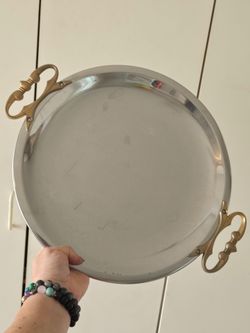 Round Silver Serving Tray with Brass Handles