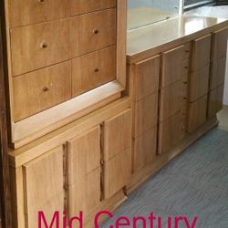 Vintage 1954 Mid Century Modern MCM 3 Piece American Martinsville Bedroom Set Dresser Mirror  Chest Of Drawers  Original Delivery Tag 